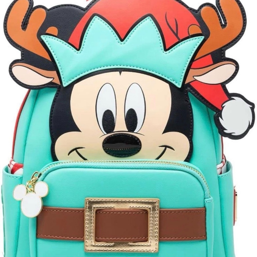 Disney Mickey Mouse Aqua and Brown Elf Backpack with Holiday Hat
